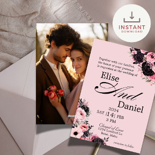 Joli Faire-part de mariage rose et noir floral