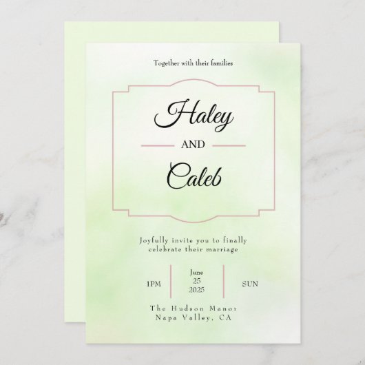 Joli Faire-part de mariage vert et rose (Devant / Derrière)