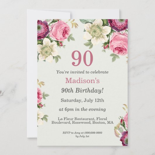 Joli floral | 90e Invitation d'anniversaire (Devant)