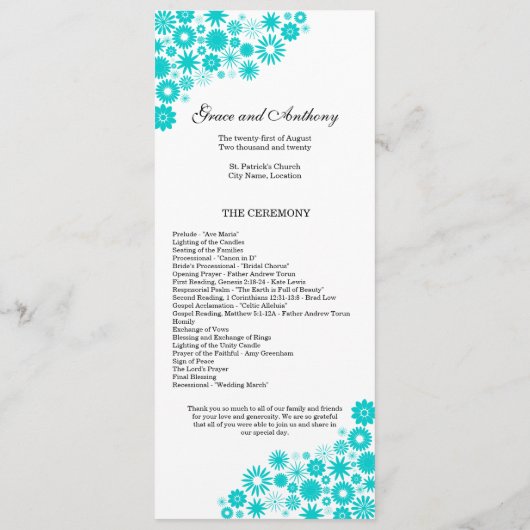 Joli Florals Turquoise Programme de mariage (Dos)
