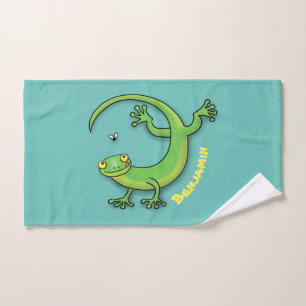 Joli gecko vert salutations avec dessin animé