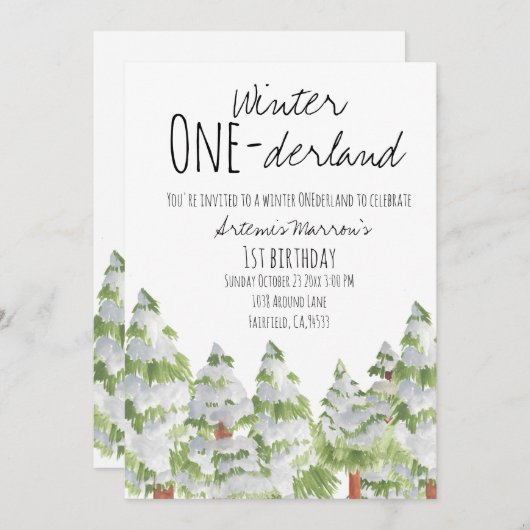 Joli hiver neige arbres enfant invitation d'annive (Devant / Derrière)