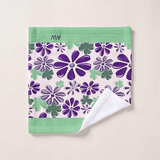 Joli Initiale vert violet Motif de fleurs (Gant de toilette)