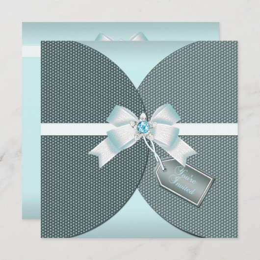 Joli invitation turquoise avec le ruban et l'arc (Devant / Derrière)