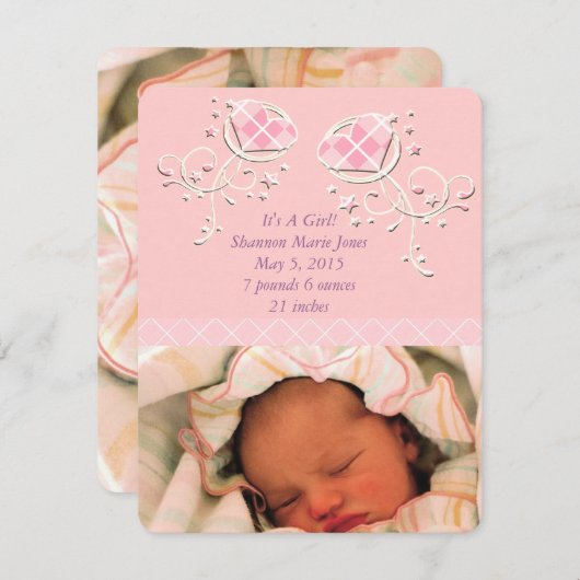 Joli Jacquard rose bébé fille Faire-part (Devant / Derrière)