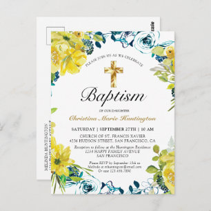 Joli jaune Floral Gold Cross Baptism Invitation