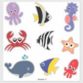 Joli jeu de stickers sous les créatures marines (Feuille)