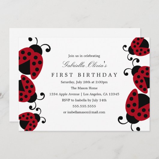 Joli Ladybugs | Invitation de fête d'anniversaire (Devant / Derrière)