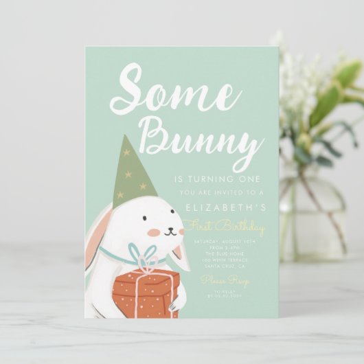 Joli lapin blanc 1er Invitation anniversaire (Debout devant)