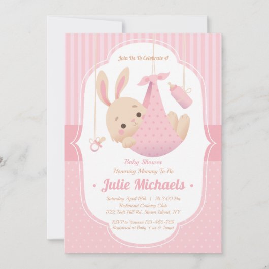 Joli lapin lapin Baby shower Invitation fille (Devant)