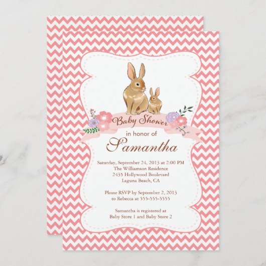 Joli lapin lapin Fille bébé douche Invitations (Devant / Derrière)