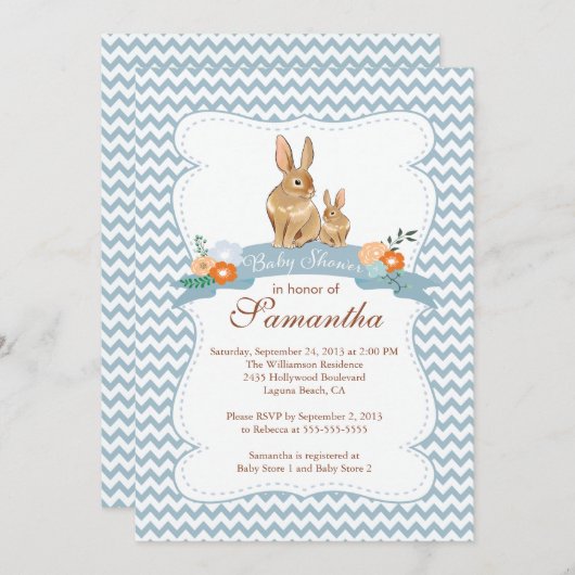 Joli lapin lapin garçon bébé douche Invitations (Devant / Derrière)