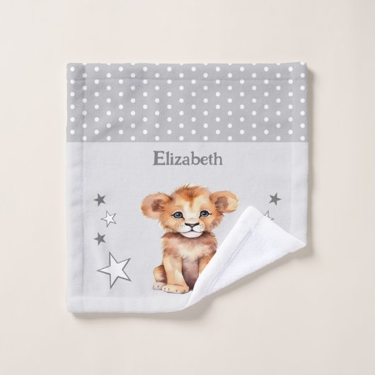 Joli lion ajouter nom pois étoiles gris (Gant de toilette)