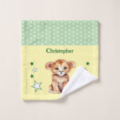 Joli lion ajouter nom pois étoiles vert (Gant de toilette)