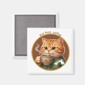 Joli Magnet Chat Orange Buvant du Thé Café (Recto/Verso)