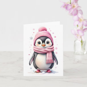 Joli manchot en chapeau rose et écharpe carte de N