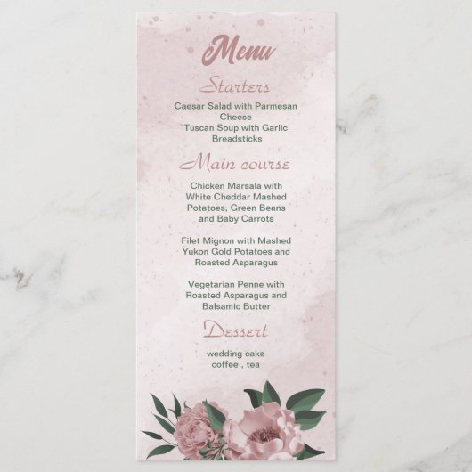 joli menu de fleurs roses botaniques mariage (Devant)