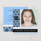 Joli monogramme Damas Sweet 16 Invitation à la fêt (Devant / Derrière)