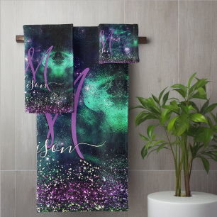 Joli monogramme de fausse brillance vert violet fo