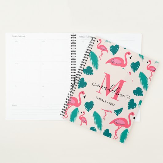 Joli Monogramme Feuille tropical Flamant rose rose (Devant avec enveloppe)