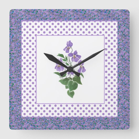 Joli Mur Carré Horloge Violets et Pois (Recto)