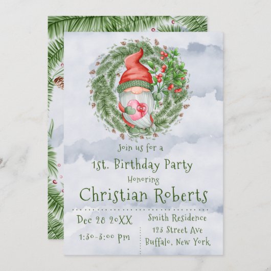 Joli Noël Gnome Anniversaire Invitations (Devant / Derrière)