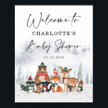 Joli Noël Noël Baby shower boisé Bienvenue<br><div class="desc">Ce design magique présente un groupe d'adorables animaux boisés et des paysages forestiers gelés dans des couleurs de vacances élégamment muettes.</div>