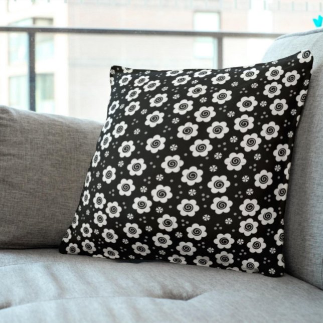Joli noir fleurs blanches Coussin (Créateur téléchargé)