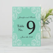 Joli numéro de table de mariage aqua à dentelle (Debout devant)