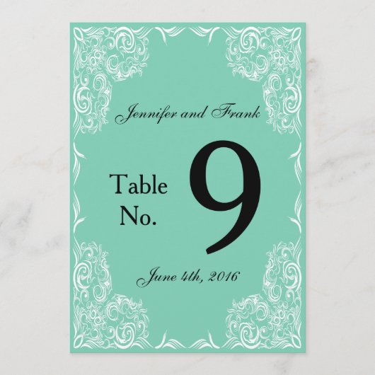 Joli numéro de table de mariage aqua à dentelle (Devant)
