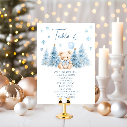 Joli numéro de table Ourson d'hiver bleu pour bébé