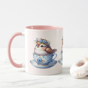 Joli Oiseau dans une Tasse à Thé Florale Art Cotta