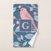 Joli oiseau rose bleu gris personnalisé monogramme (Serviette à main)