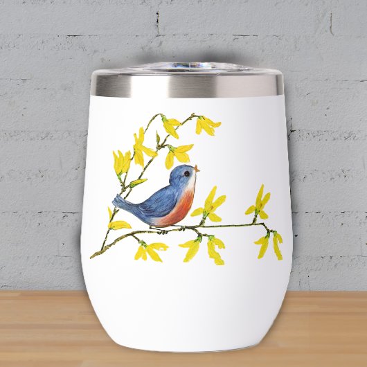 Joli Oiseau rouge bleu sur Branche Fleurs jaunes