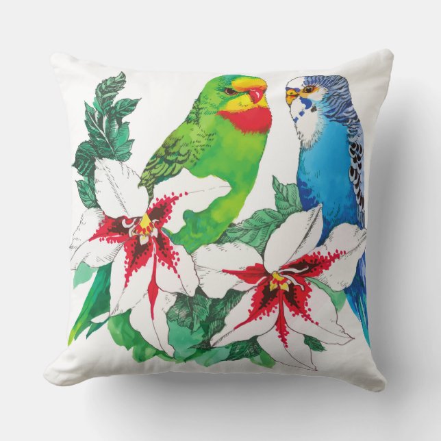 Joli oreiller à lancer Budgie Couple (Recto)