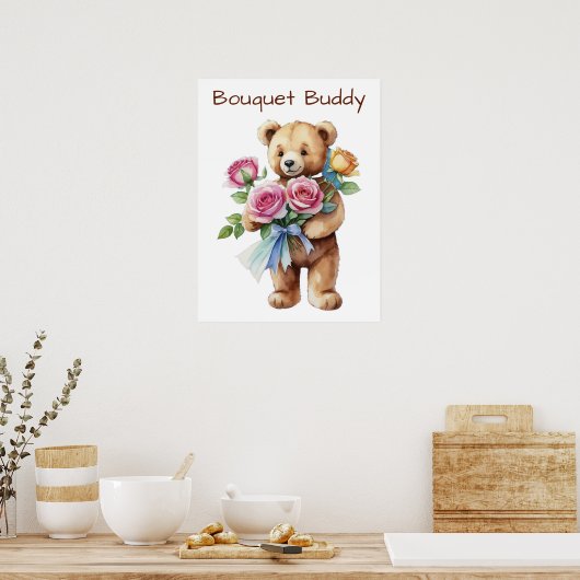 Joli ours en peluche avec affiche de bouquet de fl (Cuisine)