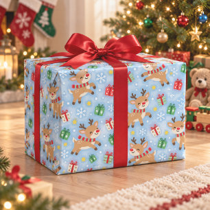 Joli Papier Cadeau Noël Enfants Renne Bleu
