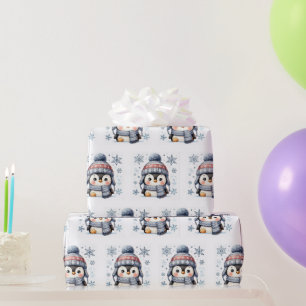 Joli papier cadeau Noël pingouin hiver aquarelle