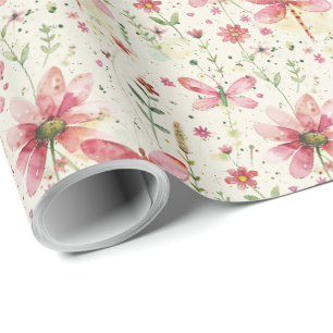 Joli papier d'emballage cadeau fleur rose libellul