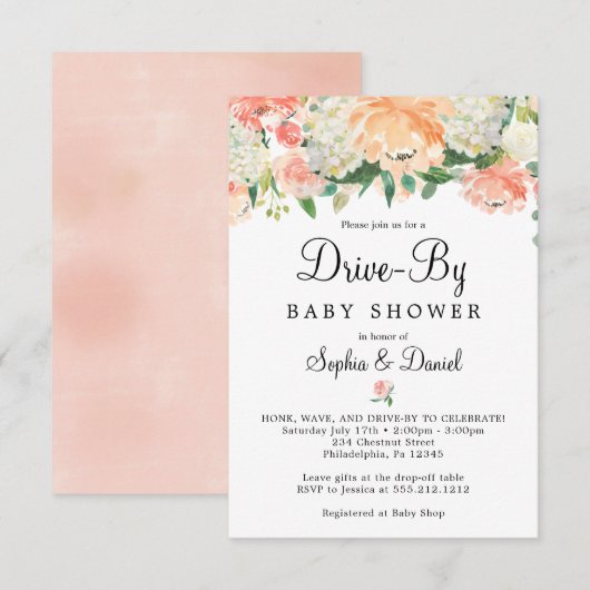 Joli Pêcher Floral Drive-By Invitation Baby shower (Devant / Derrière)