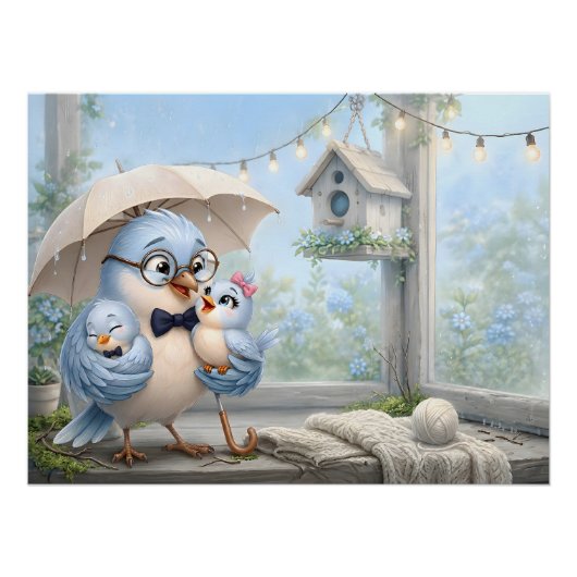 Joli père oiseau et bébé affiche brillante (Devant)