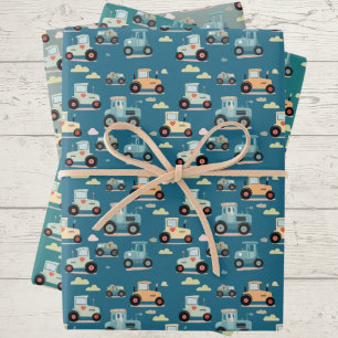 Joli petit tracteur motif bleu Papier d'enveloppem