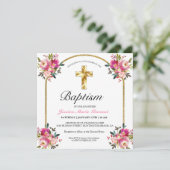 Joli PInk Floral Gold Cross Baptism Invitation (Debout devant)