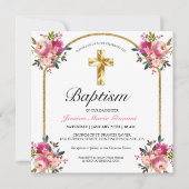 Joli PInk Floral Gold Cross Baptism Invitation (Devant)