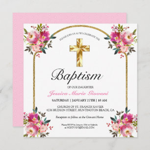 Joli PInk Floral Gold Cross Baptism Invitation