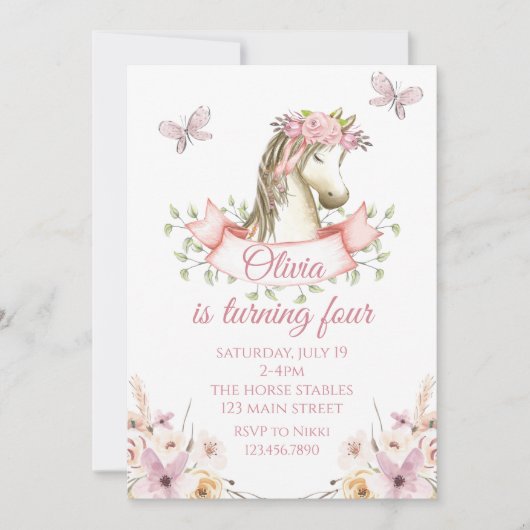 Joli poney invitation anniversaire fleuri boho che (Devant)