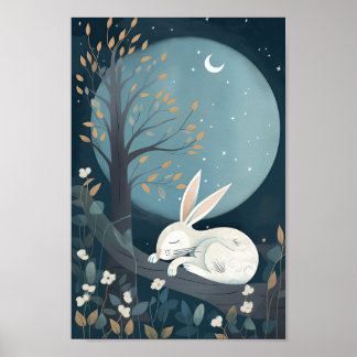 Joli poster d'un lapin dormant sous la Lune