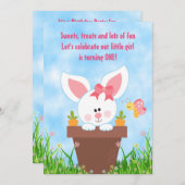 Joli Pot Fleur Bunny 1er Anniversaire Invitations (Devant / Derrière)