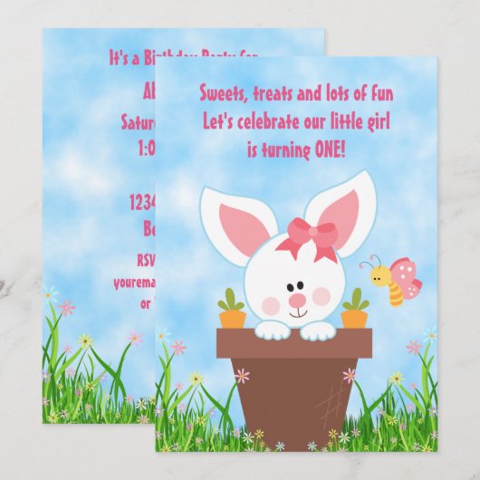 Joli Pot Fleur Bunny 1er Anniversaire Invitations (Devant / Derrière)