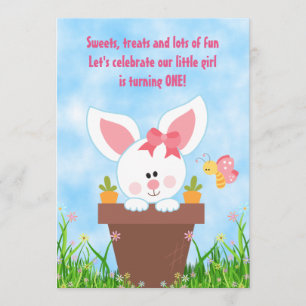 Joli Pot Fleur Bunny 1er Anniversaire Invitations